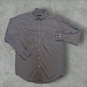 Vintage Western Express Blue Plaid Pearl Snap Long Sleeve Shirt Men Cowboy *Flaw